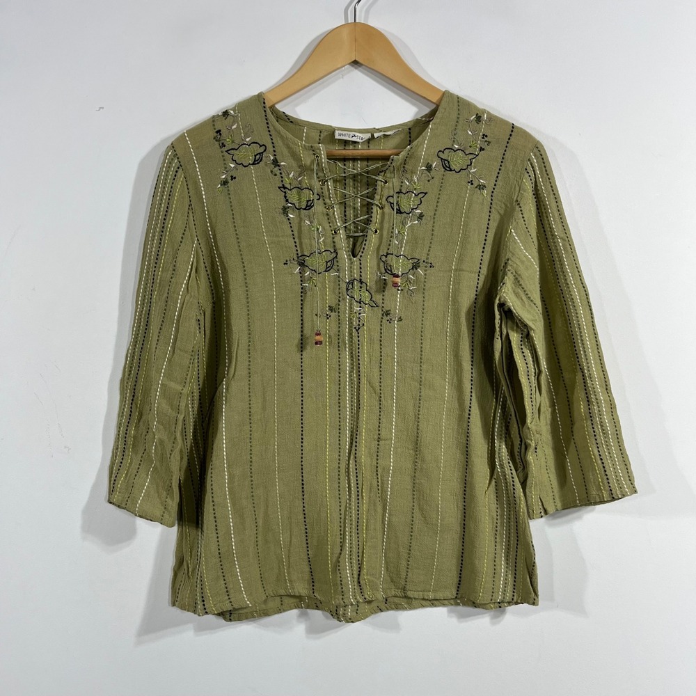 White Stag VTG Renfair Y2K Olive Green Embroidered Lace Up Boho Peasant Top L